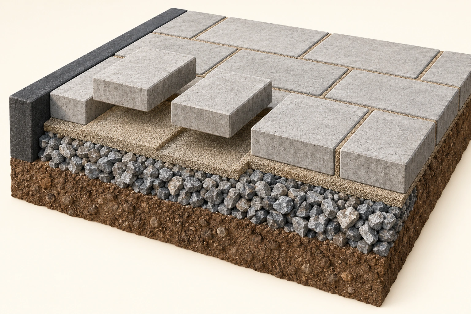 Original cutaway of pale-grey paving units, filled joints, a finer bedding layer, a coarse stone-textured supporting layer and brown ground. Two front units are raised for the illustration; a dark border runs along the left edge.