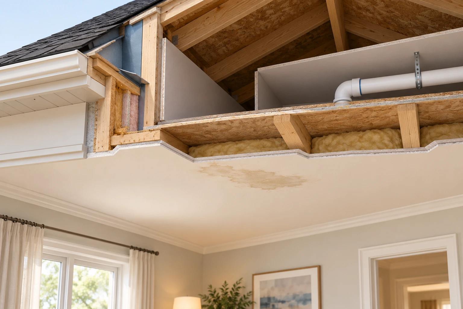 A pale ceiling mark is shown below concealed layers, with a partial pipe route and roof-edge context kept separate above it. Conceptual 3D cutaway; Neither plumbing nor roof is proved responsible; no active source, concealed extent, mould identification or actual property finding is established.
