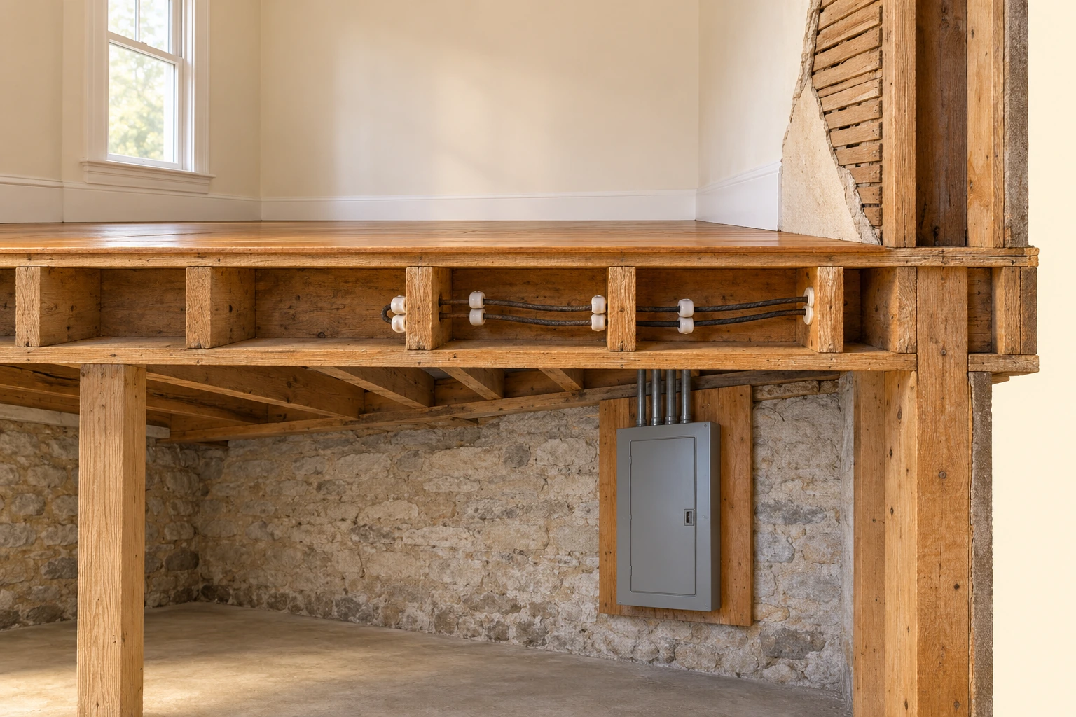 Older-home cutaway with a closed modern basement panel and a separate visible knob-and-tube segment disappearing into a finished wall, with no invented connection drawn.