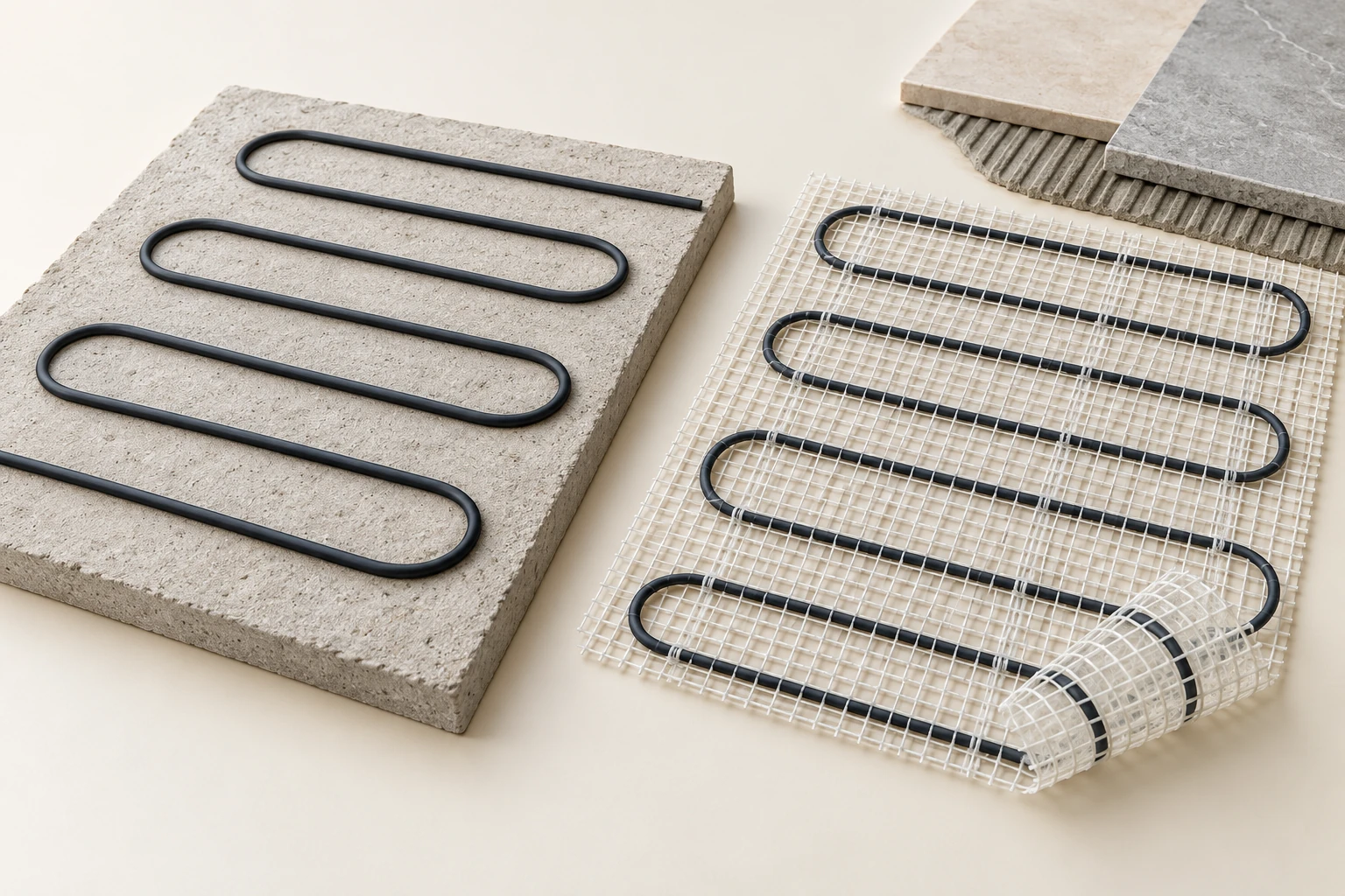 Loose heating cable and mesh-carried cable shown as separate physical samples.
