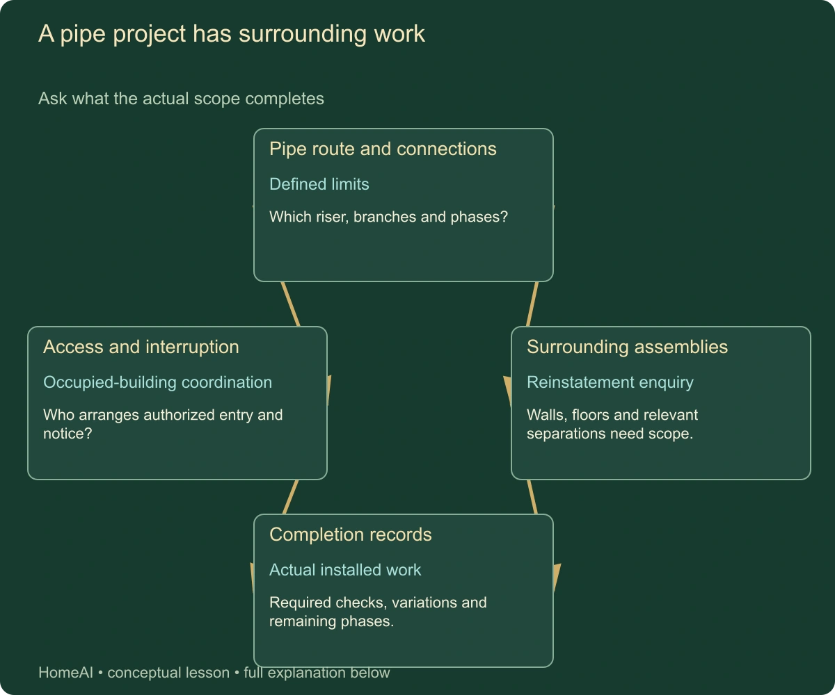 A pipe project has surrounding work. Ask what the actual scope completes. Complete labels and relationships follow in static text.