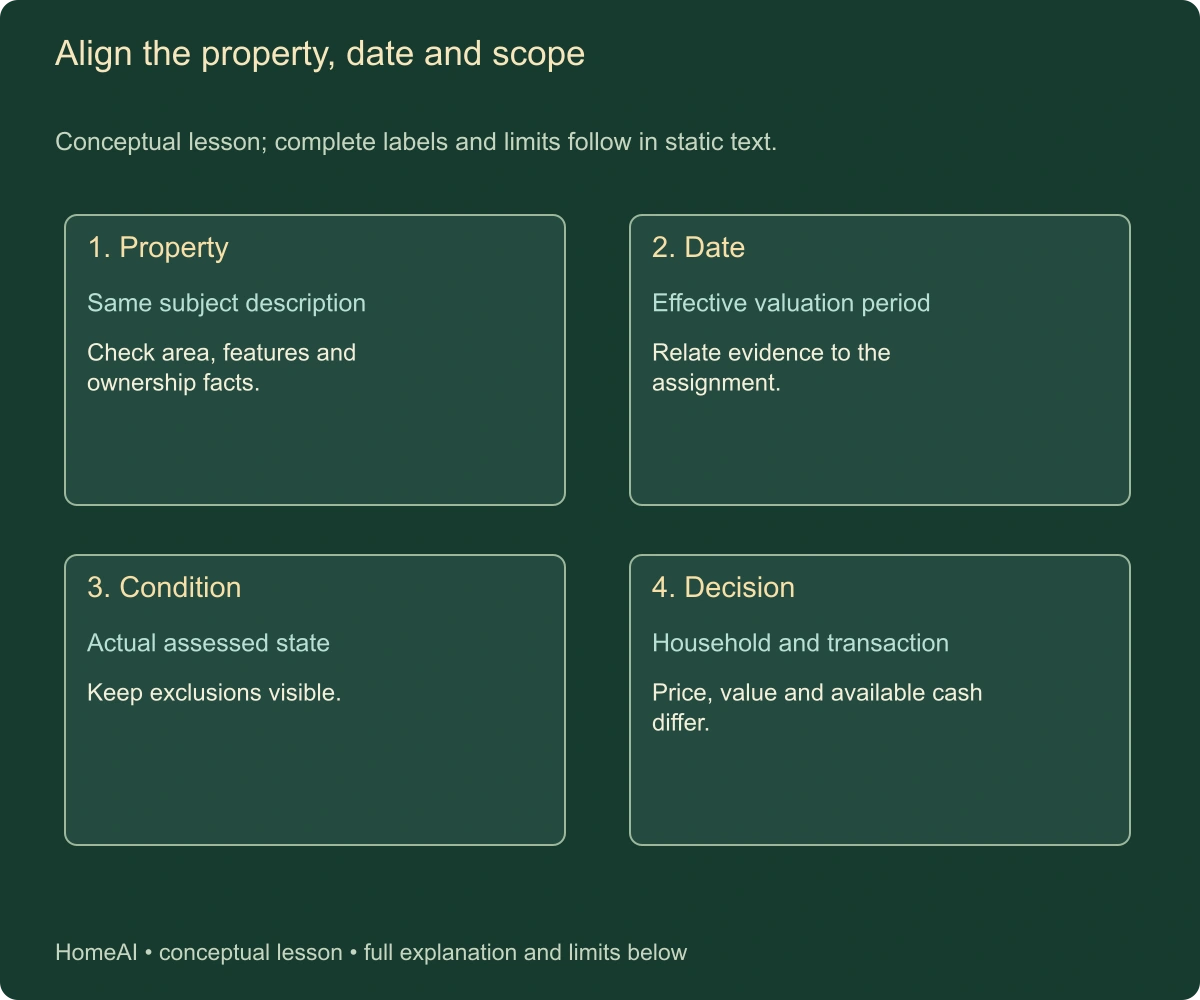 Align the property, date and scope. Conceptual lesson; complete labels and limits follow in static text.