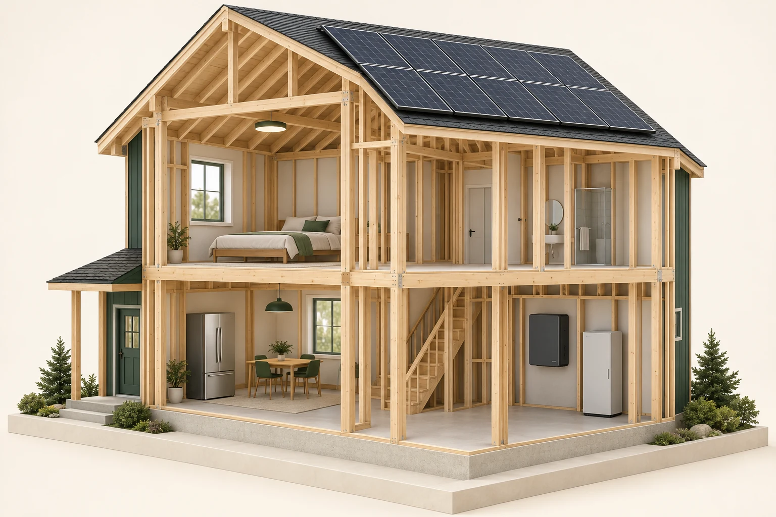 Conceptual open house with roof solar panels, closed equipment cabinets and furnished rooms on an ivory background