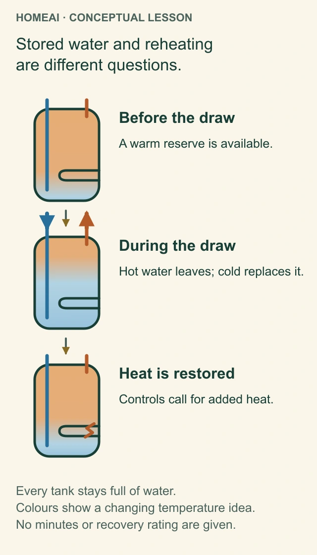 Three original conceptual filled-tank sections show a warm reserve, cold replacement during a hot-water draw and heat being restored, without water levels, times or capacity figures.